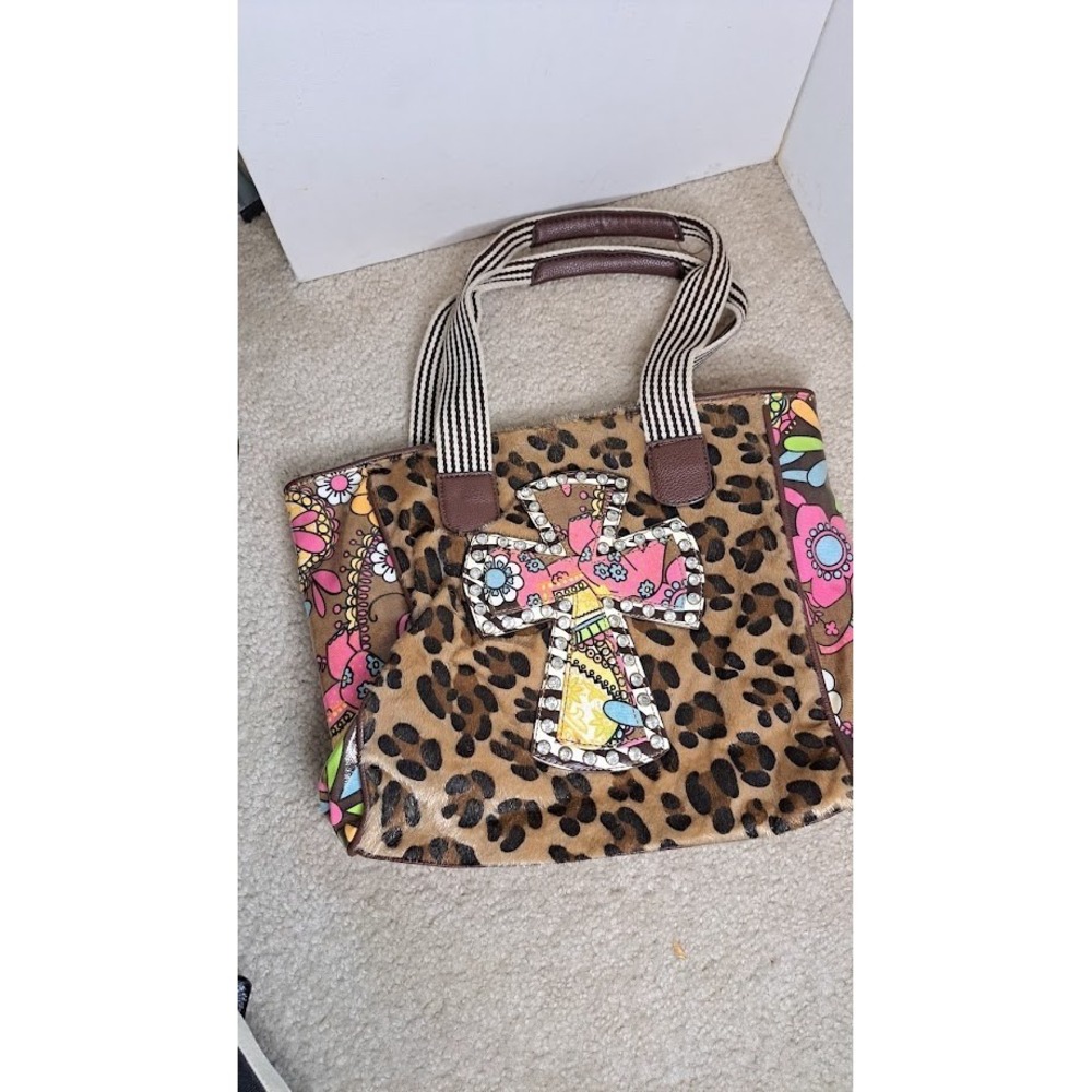 Leopard Faux Fur Print Boho Vintage Style Tote Bag Purse with Cross